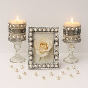 Handmade Glam Silver & Pearl Decor Set – Picture Frame with Matching Candle Hold